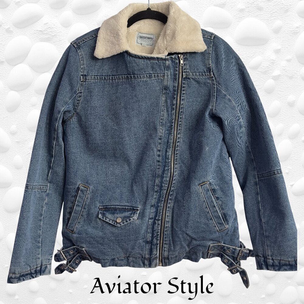 Rare Vintage Cherokee Aviator-Style Denim Sherpa Jacket – Women’s M - Picture 2 of 11